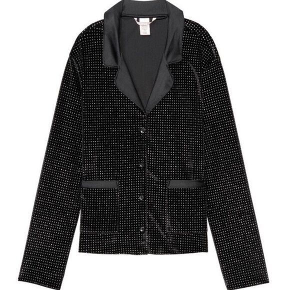 Victorias Secret Velour Sequin Sparkly Button Down Pajama Top Size Medium Black - Picture 1 of 4